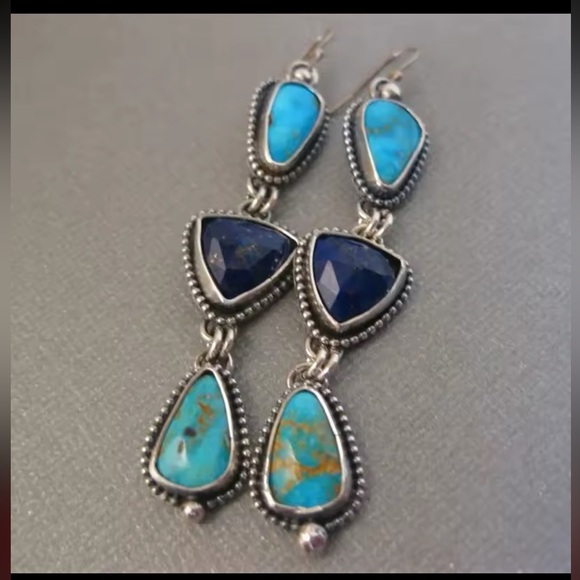 NEW Vintage Triangle Blue Green Stone Earrings Bohemian Steam Punk - Picture 4 of 5